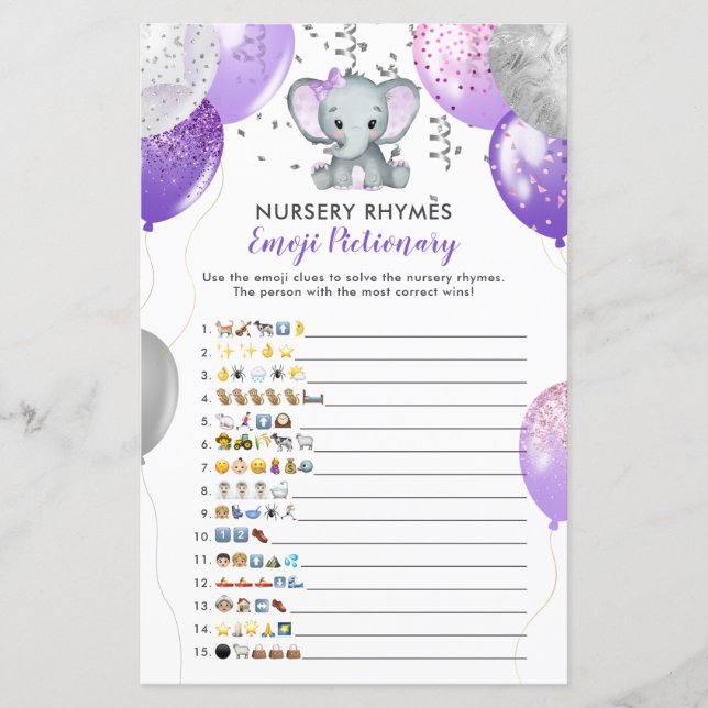 Emoji Pictionary Purple Elephant Baby Shower Game (Front)