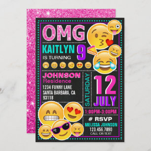 Emoji Pink Glitter Birthday Invitation