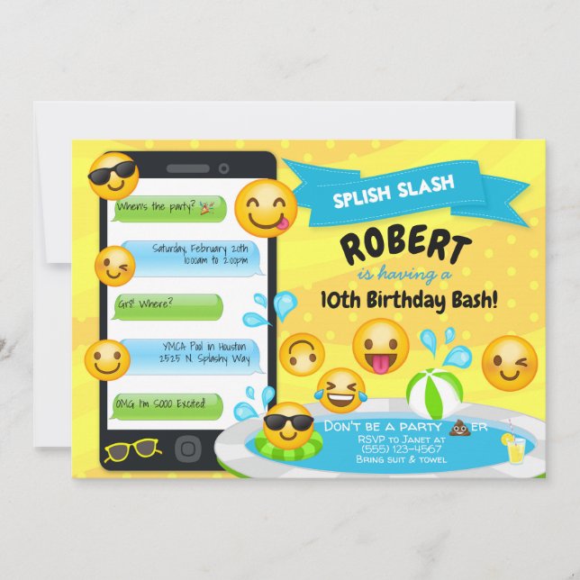 Emoji Pool Party Birthday Invitations (Front)