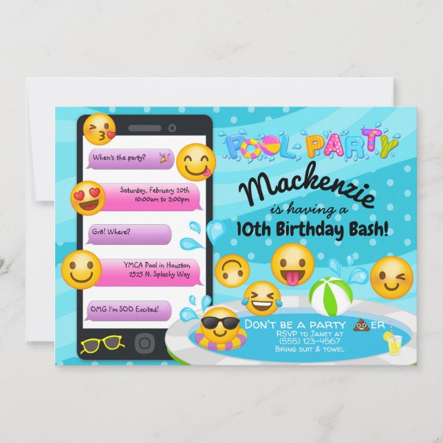 Emoji Pool Party Birthday Invitations (Front)