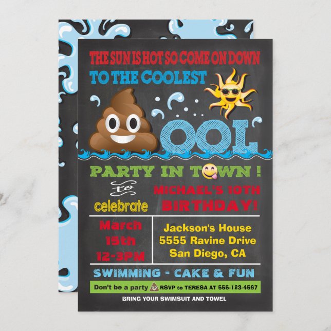 Emoji Pool Party Pooper Birthday Invitation (Front/Back)