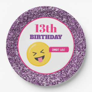 Emoji Teen Birthday Purple Glitter Paper Plates