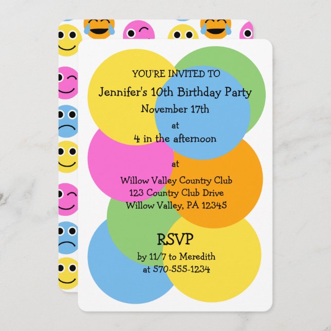 Emojis Emoticons Colourful Circles Custom Party Invitation (Front/Back)