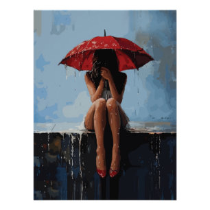 Emotional Female Portrait with Red Umbrella Poster