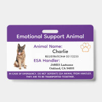 Emotional Support Animal ESA ID One Photo Badge
