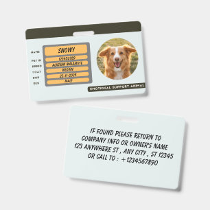 Emotional Support Animal ID Card Template Badge