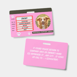 Emotional Support Animal ID Card Template Badge