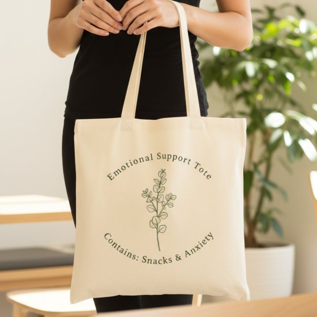Emotional Support Funny Sage Green Mental Health Tote Bag (Sage Green Eucalyptus illustration + Typography: Emotional Support Tote - Contains: Snacks & Anxiety)
