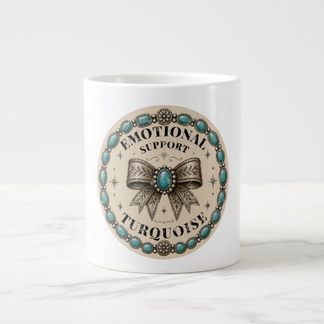 Emotional Support Turquoise Western Design Large Coffee Mug (Front)