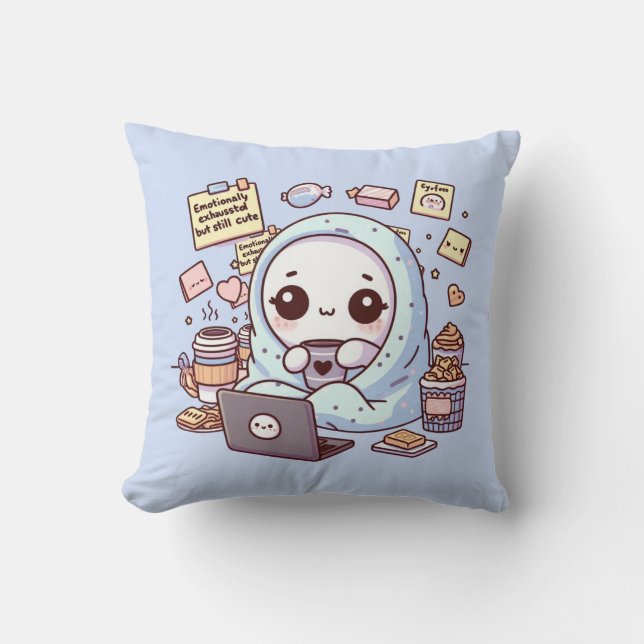 Emotionally Exhausted but Still Cute Ghost Kawaii Cushion (Front)