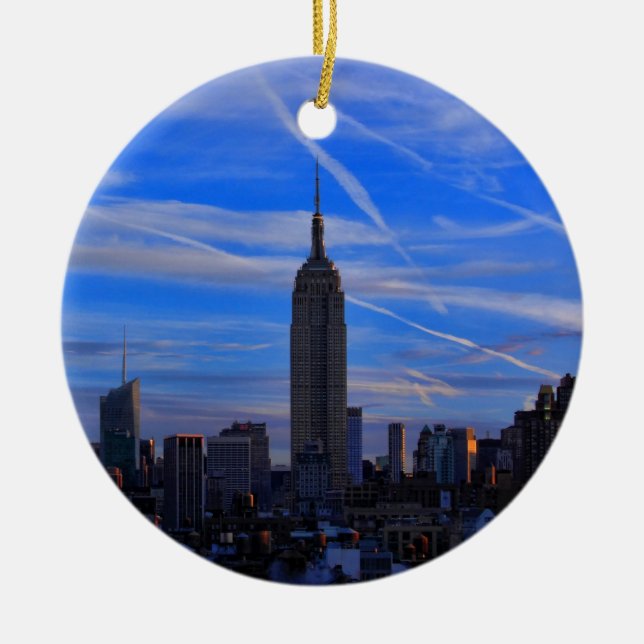 Emp St Bldg, NYC Skyline and Jet Trails Ceramic Tree Decoration (Front)