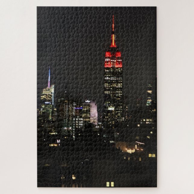 Emp St Building in Red Night Skyline Jigsaw Puzzle (Vertical)