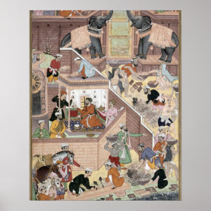 Emperor Akbar (r.1556-1605) inspecting the buildin Poster