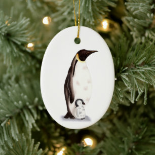 Emperor Penguin and Baby Illustrated Christmas Ceramic Ornament
