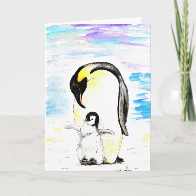 Emperor Penguin and Chick Watercolor Painting Card (Front)