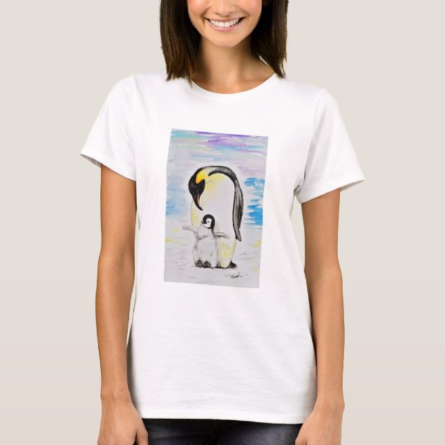 Emperor Penguin and Chick Watercolor Painting T-Shirt (Front)