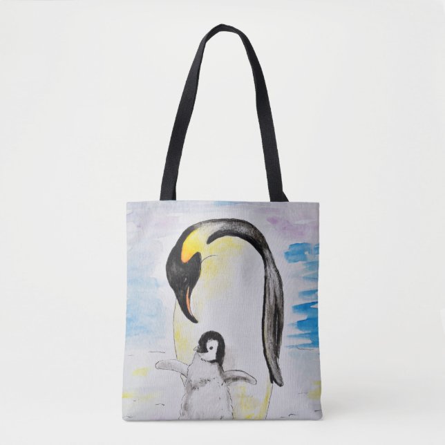 Emperor Penguin and Chick Watercolor Painting Tote Bag (Front)