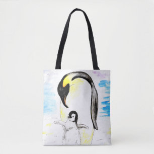 Emperor Penguin and Chick Watercolor Painting Tote Bag