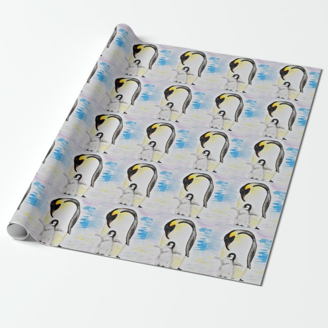Emperor Penguin and Chick Watercolor Painting Wrapping Paper (Unrolled)