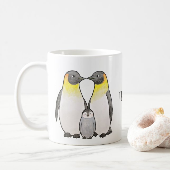 Emperor Penguin family Cute penguins Custom Name Coffee Mug (With Donut)
