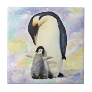 Emperor Penguin with Baby Chick Watercolor Ceramic Tile