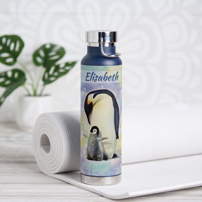 Emperor Penguin with Baby Chick Watercolor Water Bottle (Yoga)