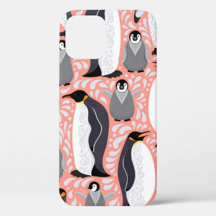 Emperor penguins and their cubs on a pink patterne iPhone 12 case