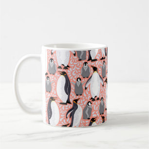 Emperor penguins and their cubs on a pink patterne coffee mug