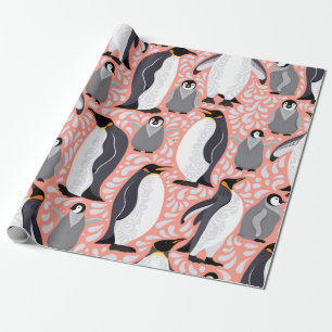 Emperor penguins and their cubs on a pink patterne wrapping paper