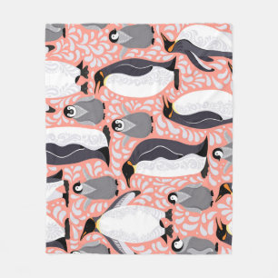 Emperor penguins, cubs, pink decorative pattern. fleece blanket