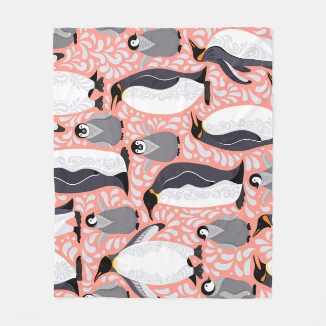 Emperor penguins, cubs, pink decorative pattern. fleece blanket (Front)