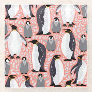 Emperor penguins, cubs, pink decorative pattern. glass coaster
