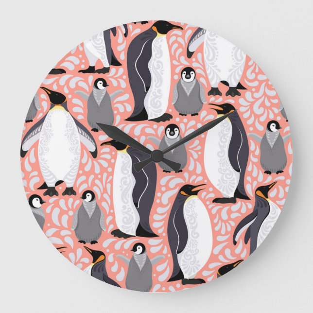 Emperor penguins, cubs, pink decorative pattern. large clock (Front)