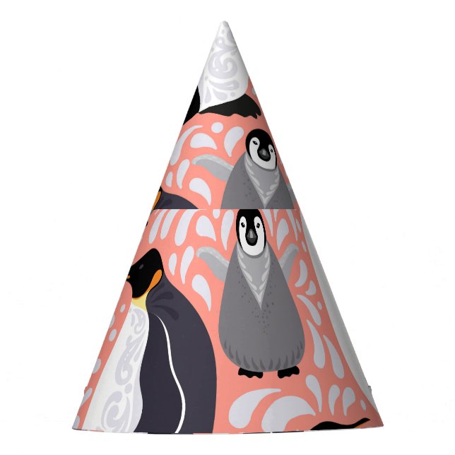 Emperor penguins, cubs, pink decorative pattern. party hat (Front)