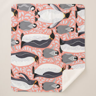 Emperor penguins, cubs, pink decorative pattern. sherpa blanket