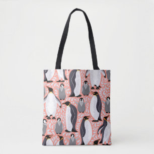 Emperor penguins, cubs, pink decorative pattern. tote bag