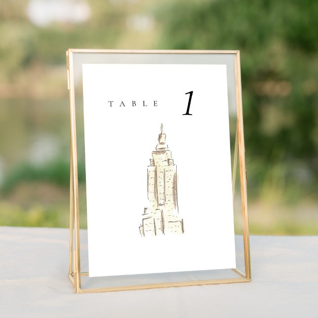 Empire State Building NYC Wedding Table Number (Watercolor Empire State Building New York City Skyline wedding table number sign.)