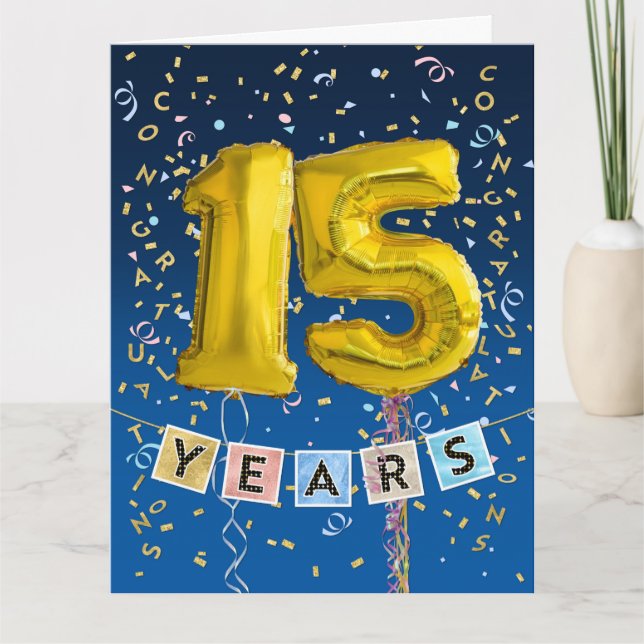 Employee 15th Anniversary Gold Balloon Number Card (Front)