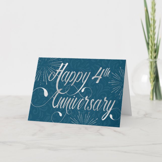 Employee 4th Anniversary - Swirly Text - Blue Card (Front)