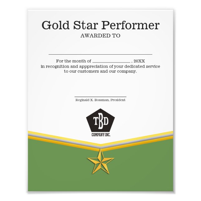 Employee achievement star performer certificate photo print (Front)