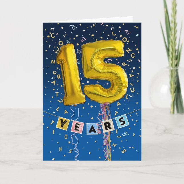 Employee Anniversary 15 Years - Gold Balloons Card (Front)