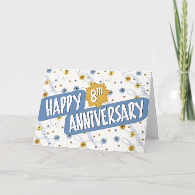 Employee Anniversary 8 Years Blue White Pattern Card (Front)