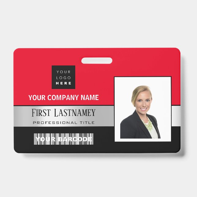Employee Barcode Logo Name Scanner Black Red ID Badge (Front)