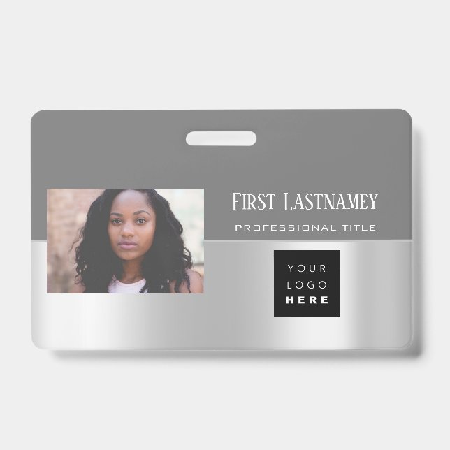 Employee Barcode Logo Name Scanner  Grey Black ID Badge (Front)