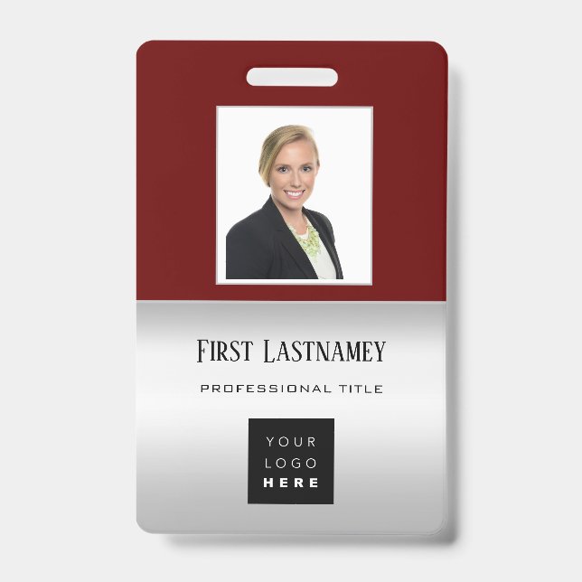 Employee Barcode Logo Name Scanner Grey Maroon ID Badge (Front)