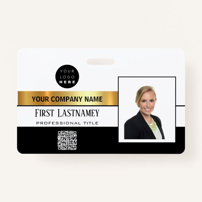 Employee Barcode Logo Name Scanner Stripe Gold ID Badge (Front)