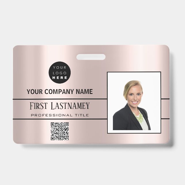 Employee Barcode Logo Name Scanner Stripe Rose ID Badge (Front)