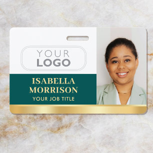 Employee Business Custom ID Logo QR Green Gold Badge