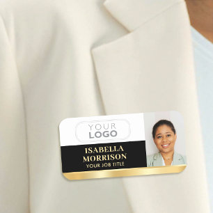 Employee Business Logo ID Photo Black Gold Name Tag