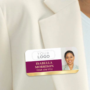 Employee Business Logo ID Photo Plum Gold Gradient Name Tag